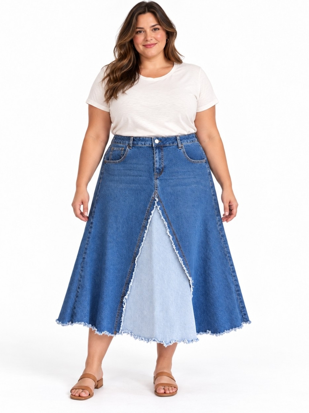Est. 1946 Denim Skirt Size 16 Blue A-Line Contrast Panel Frayed Hem Stretch Boho